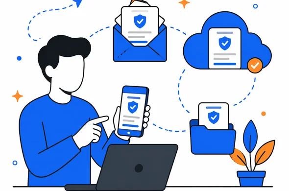 Flat semi-flat vector illustration of a traveler organizing a digital entry approval across phone, email, and cloud backup, calm organized atmosphere, faceless abstract character, minimal background, Aid-Air palette, clean modern tech feel.