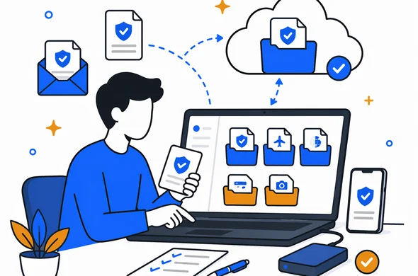 Flat semi-flat vector illustration of organized travel files in folders on laptop and cloud, digital entry approval management, faceless abstract character, calm tech workspace, minimal background, Aid-Air palette.
