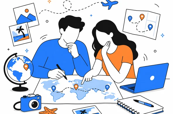 Flat vector illustration of a couple planning a multi-country honeymoon itinerary with Seychelles as one stop, faceless abstract characters, calm organized desk scene, minimal background, modern tech feel, Aid-Air palette