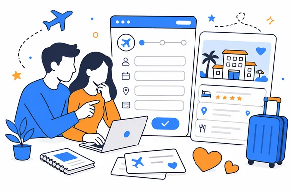 Semi-flat vector illustration of a travel application form next to hotel booking details for a romantic trip, faceless abstract characters, clean modern tech feel, minimal background, Aid-Air palette