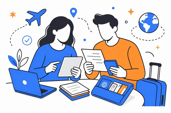 Flat vector illustration of travelers calmly organizing digital travel documents before a Seychelles trip, faceless abstract characters, clean modern tech feel, minimal background, calm organized atmosphere, Aid-Air palette