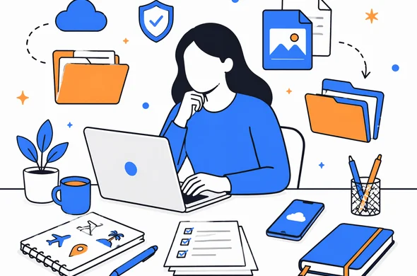 Flat vector illustration of an organized desk with laptop, tidy digital files, travel planning notes, faceless abstract character, clean modern tech feel, minimal background, calm organized atmosphere, Aid-Air palette
