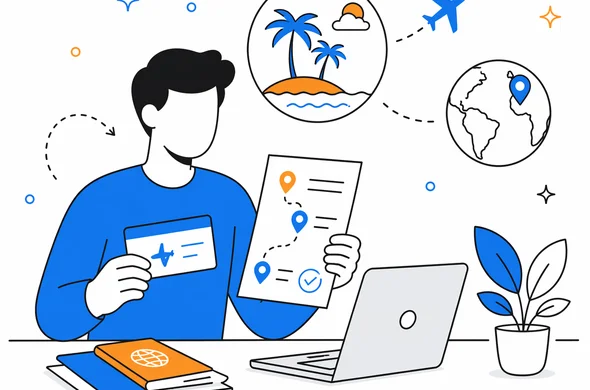Flat vector illustration of a traveler organizing a multi-destination itinerary that includes Seychelles and a next destination, faceless abstract character, clean modern tech feel, calm organized atmosphere, minimal background, Aid-Air palette