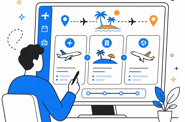 Flat vector illustration of a digital trip planning screen showing flights, dates, and onward travel from Seychelles, faceless abstract character, clean modern tech feel, calm organized atmosphere, minimal background, Aid-Air palette