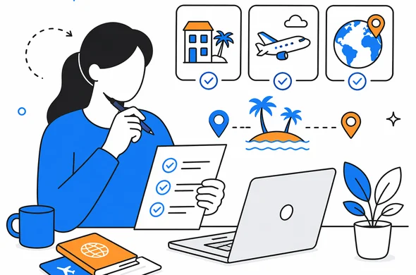 Flat vector illustration of a traveler checking consistency between accommodation, flight details, and onward destination after Seychelles, faceless abstract character, clean modern tech feel, calm organized atmosphere, minimal background, Aid-Air palette